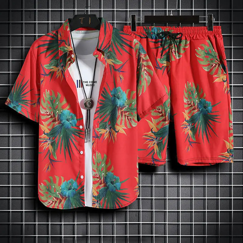 Men's 2-Piece Hawaiian Beach Set – Quick-Dry Print Shirt & Matching Shorts