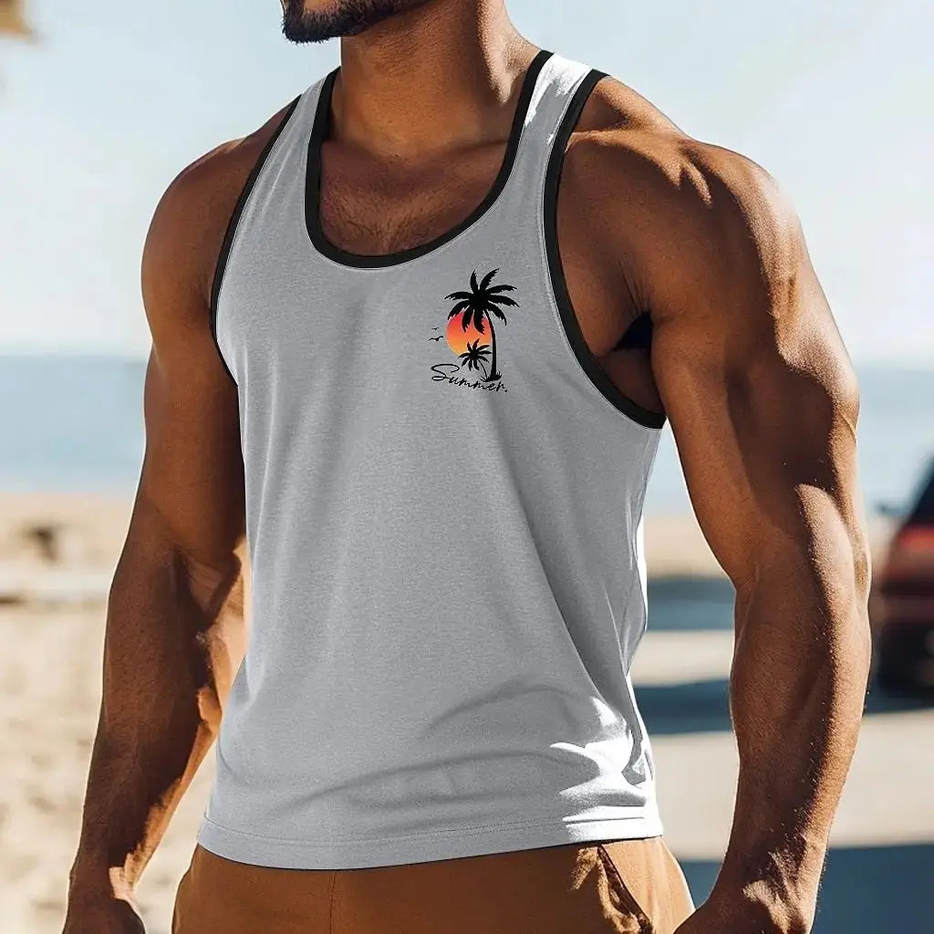Men's Hawaiian Coconut Tree 3D Print Vest – Oversized Sleeveless Beach Streetwear