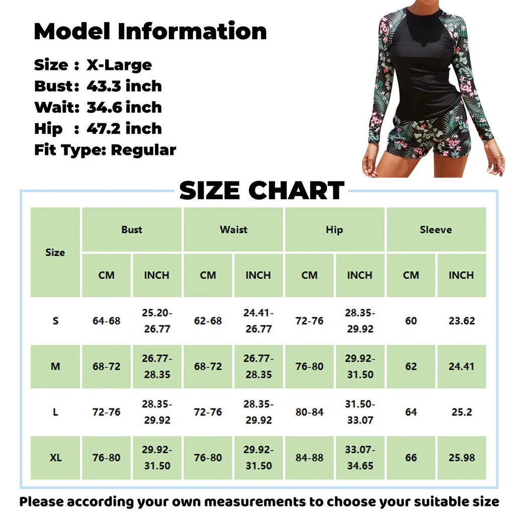 Women's Long Sleeve Two-Piece Surf Swimsuit | Floral Print Rash Guard Set