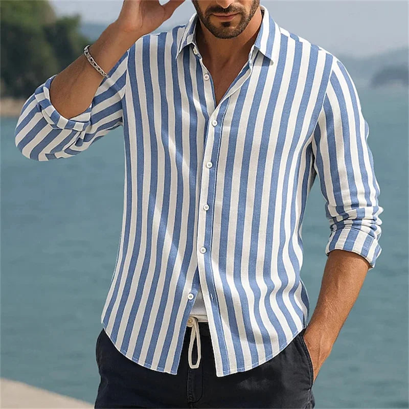 Men's Vertical Stripe Beach Shirt – Long Sleeve Silk-Feel Button-Up Vacation Top