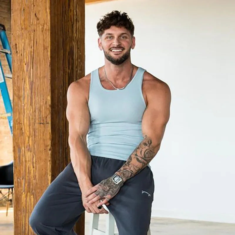 Men's Ribbed Muscle Tank Top – Slim Fit Ice Silk Vest for Gym & Beach