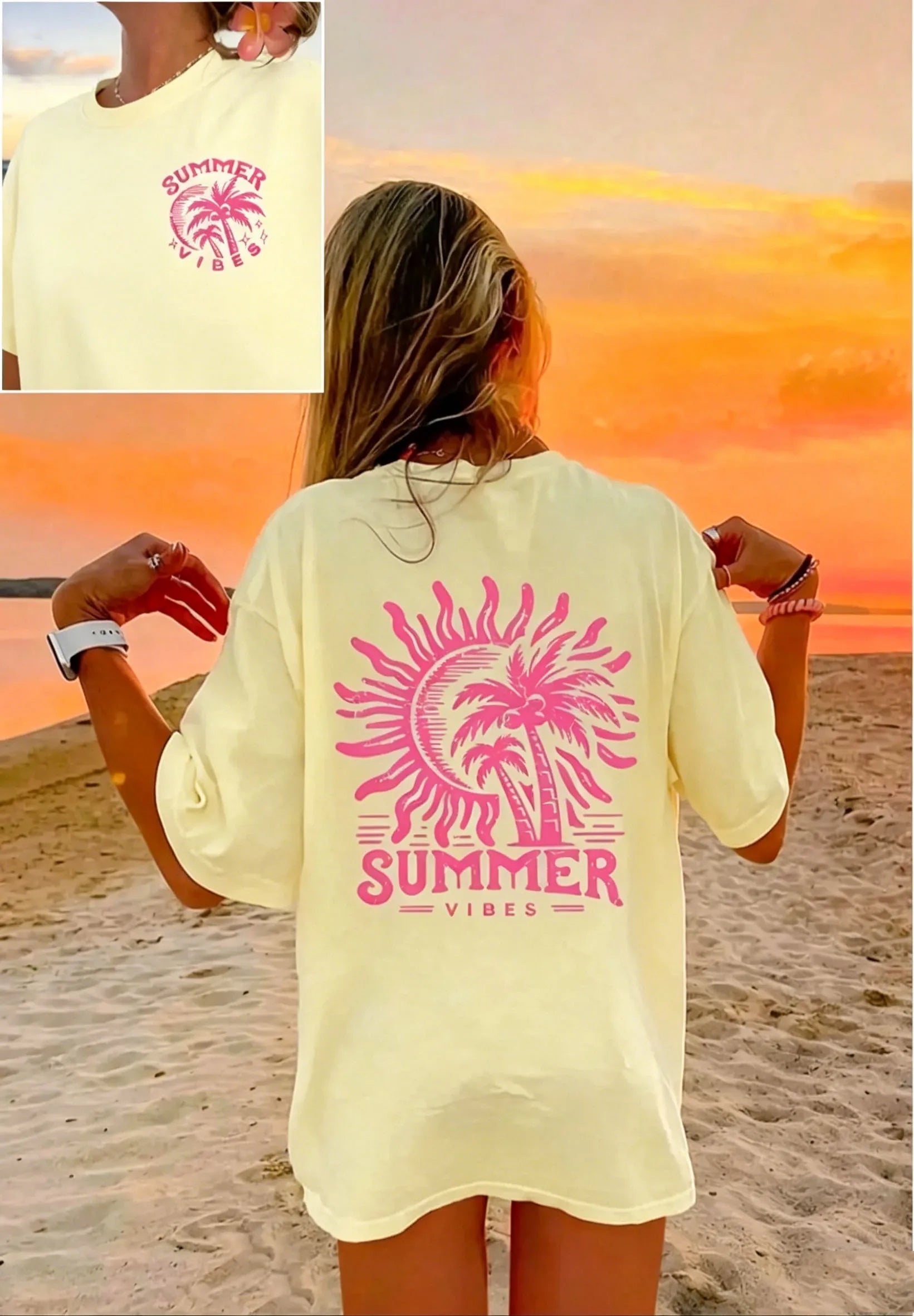 Women's Palm Tree & Sun Print T-Shirt – Casual Beach Vacation Tee