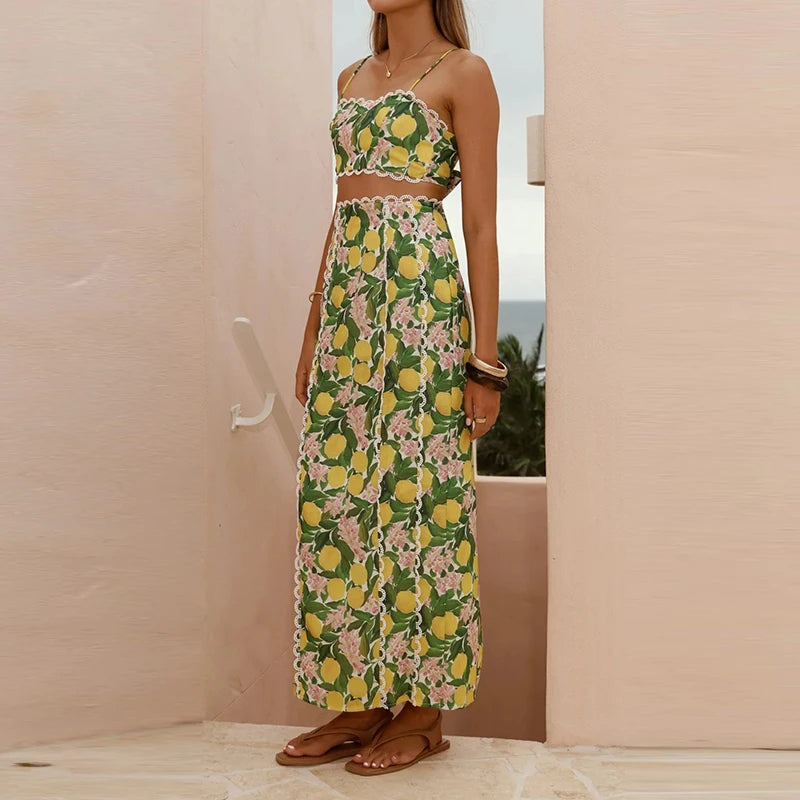 Lemon Print Lace Tank & Skirt Set