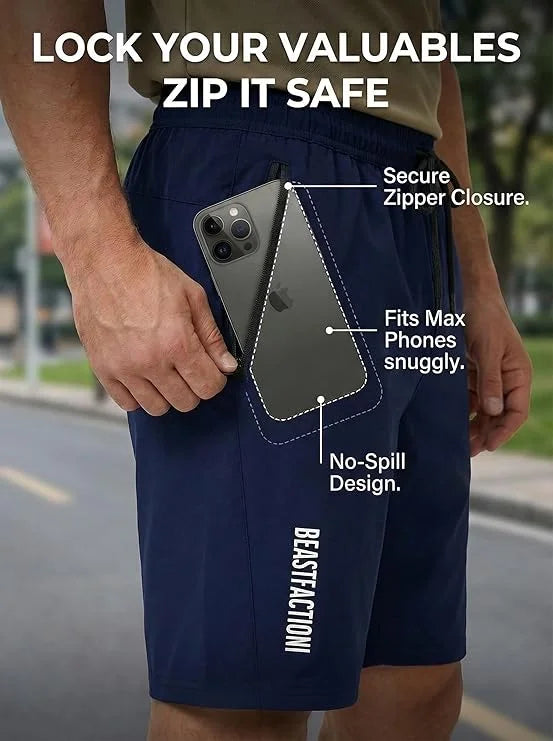 Men's Quick-Dry Athletic Shorts – Zipper Pockets, Drawstring & Breathable Fabric