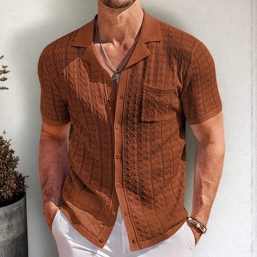 Men's Cuban Collar Knit Polo Shirt – Short Sleeve Striped Viscose Knitwear