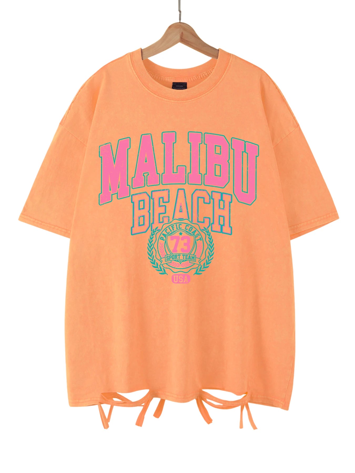 Women's Malibu Beach Washed Oversized T-Shirt – Letter Print 100% Cotton Crewneck Casual Tee (XS-XXL, 17 Colors)