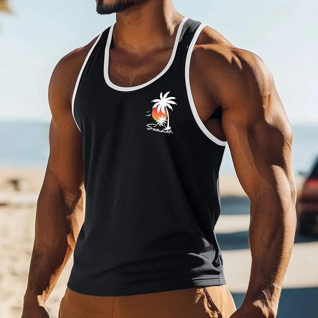 Men's Hawaiian Coconut Tree 3D Print Vest – Oversized Sleeveless Beach Streetwear