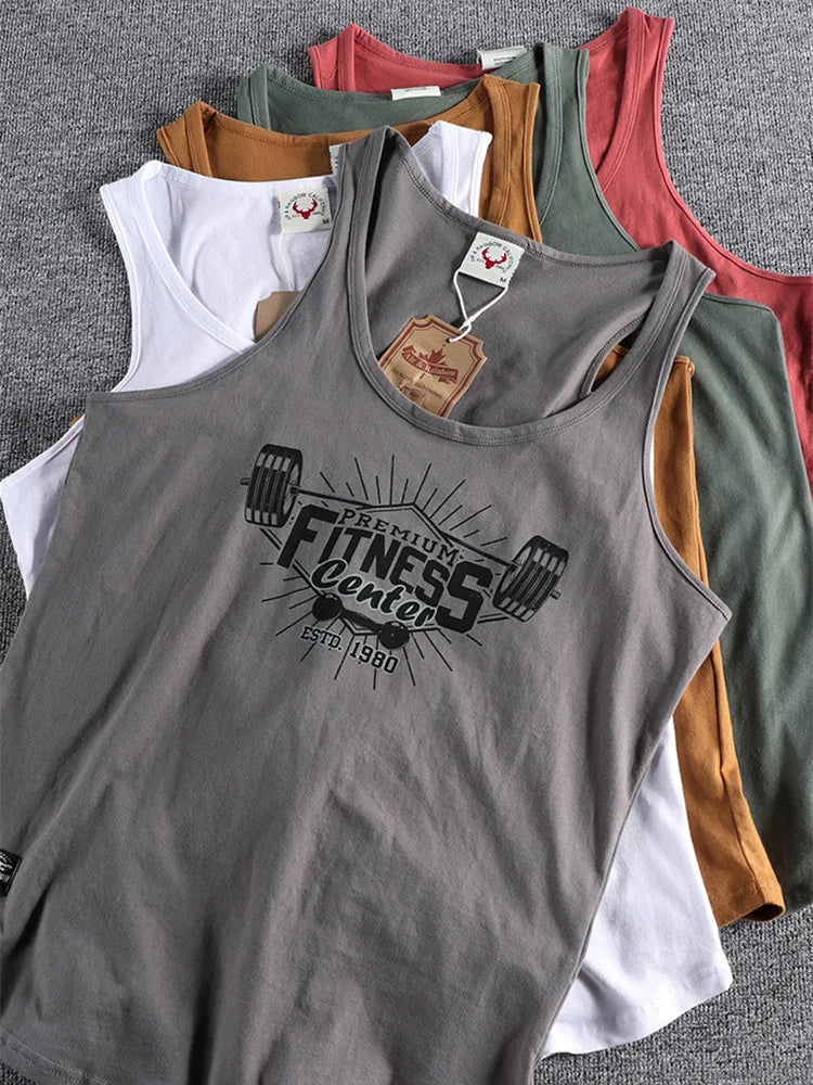 Men's Retro Print Washed Cotton Sleeveless Vest | Casual Sports Tank Top