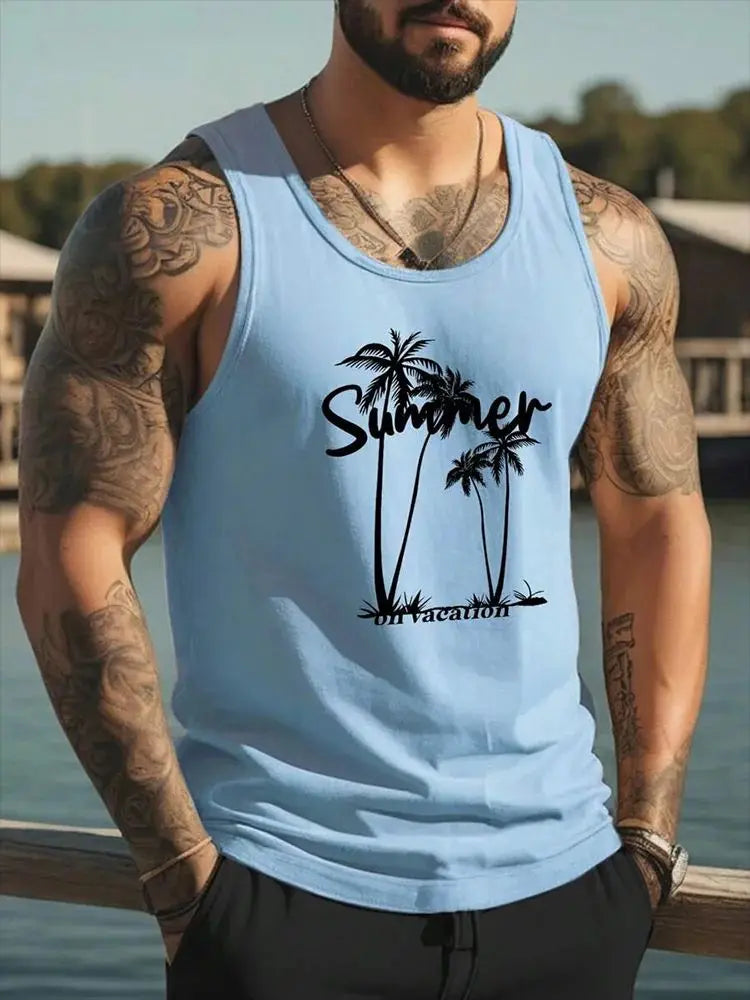 Men's Hawaiian Coconut Tree 3D Print Vest – Oversized Sleeveless Beach Streetwear