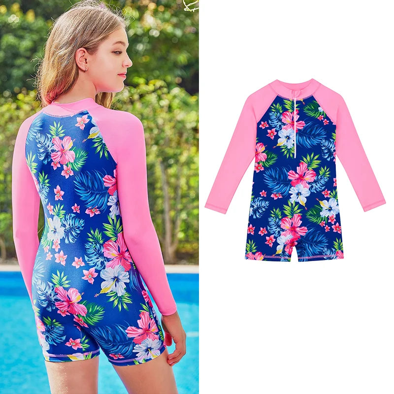 Girls' Long Sleeve One-Piece Swimsuit | 3D Print Beach Swimwear Ages 3–12