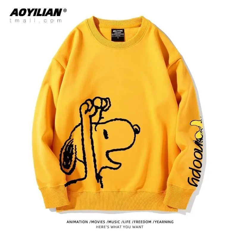 Snoopy Cartoon Fleece-Lined Sweatshirt | Unisex Couples Pullover