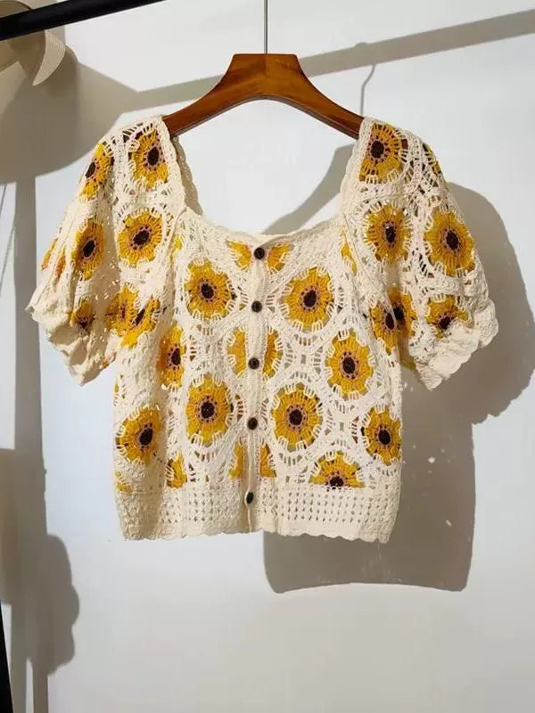 Women's Daisy Embroidered Crochet Crop Top – Puff Sleeve Square Neck Floral Blouse for Summer & Fairycore Aesthetic (One Size)