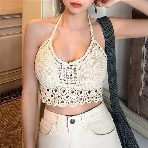Women's Sexy Halter Neck Crop Top – Tassel & Lace Back Spaghetti Strap Cami with Built-In Bra