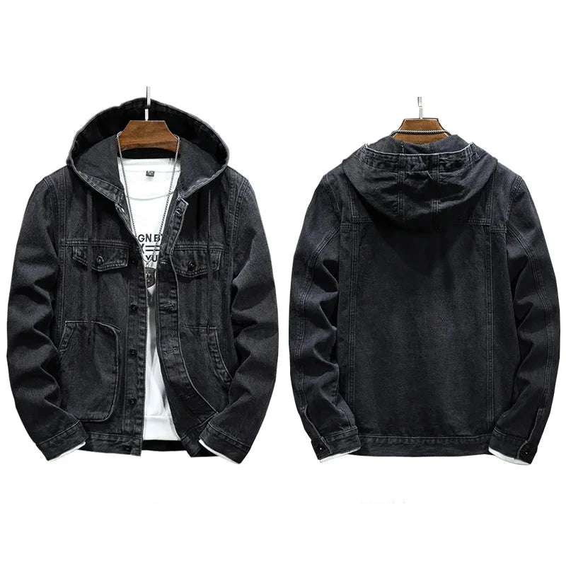 Men's Hooded Denim Jacket – Casual Button-Up Coat with Pockets