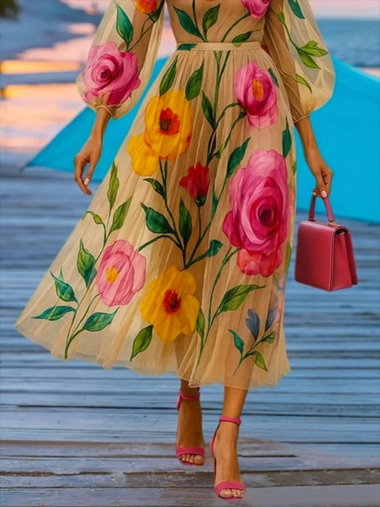 Women's Floral Print Chiffon Bohemian Midi Dress – Elegant Puff Sleeve See-Through Beach & Party Dress (S-XXL)
