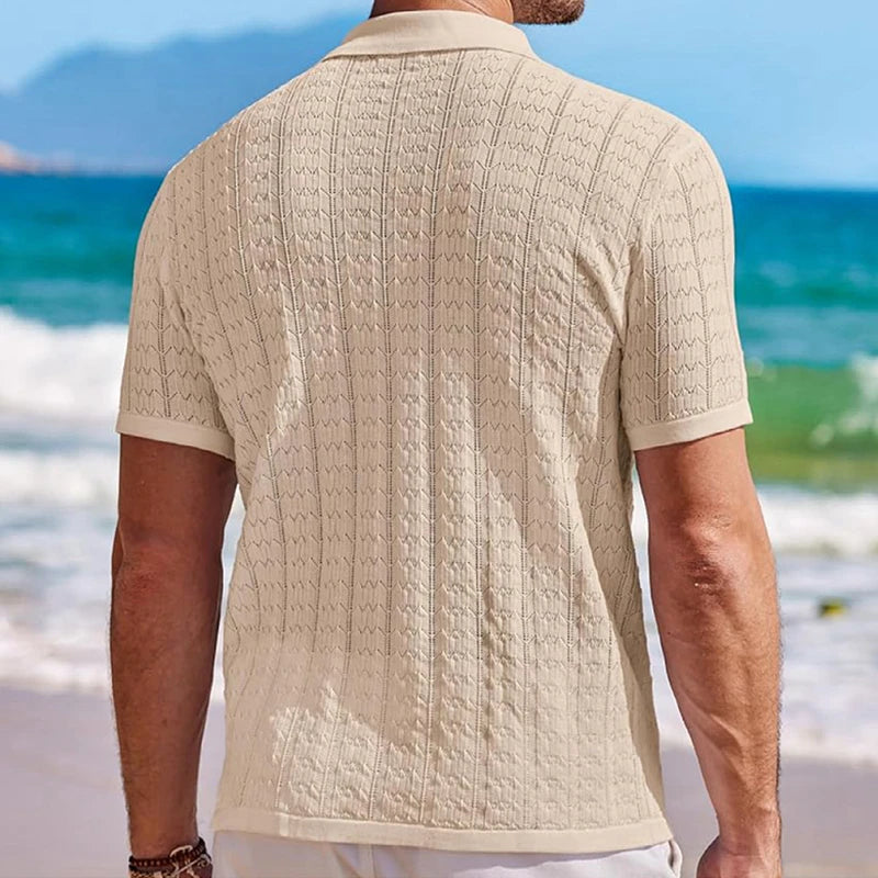 Men's Cuban Collar Knit Polo Shirt – Short Sleeve Striped Viscose Knitwear