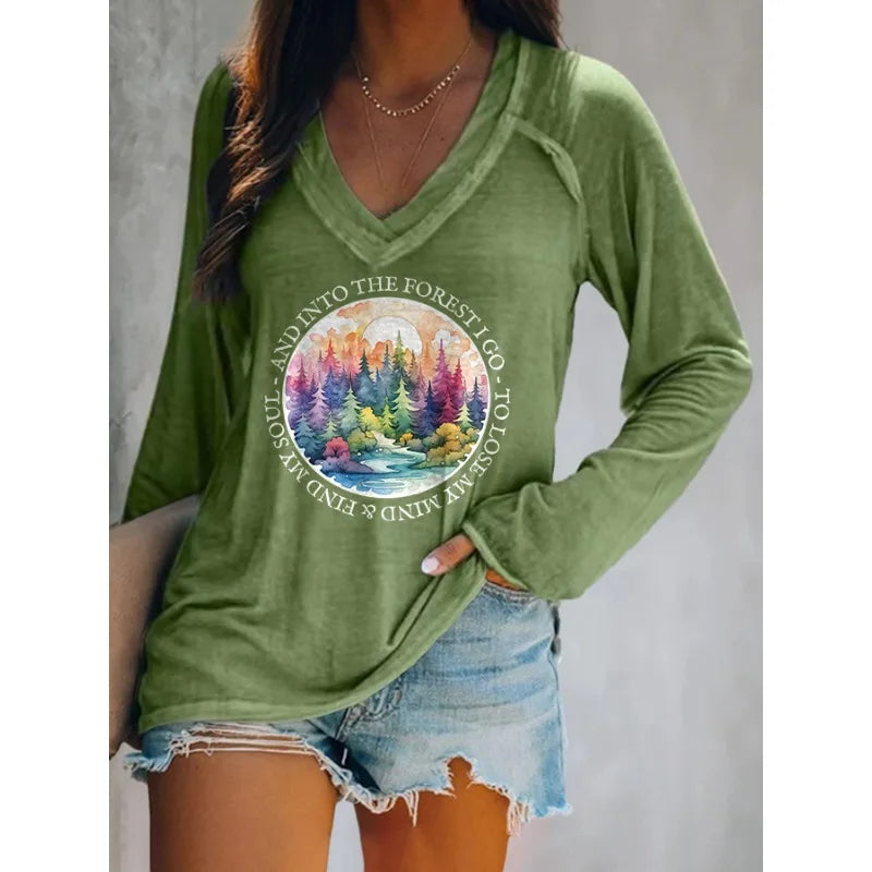 Women's Letter Print Long Sleeve V-Neck T-Shirt – Casual Loose Fit