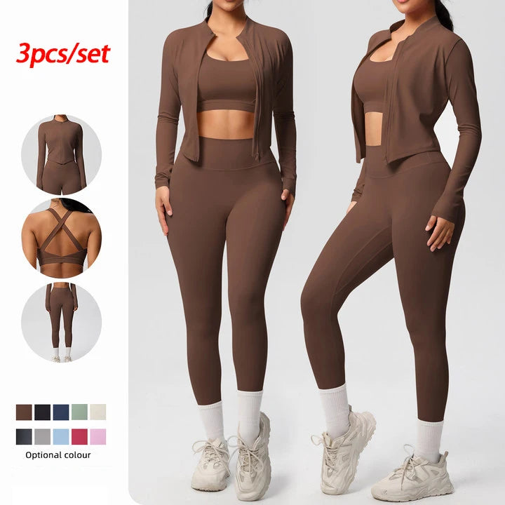 Women's 3-Piece Yoga Set – Sports Bra, Zip Jacket & High-Waist Leggings