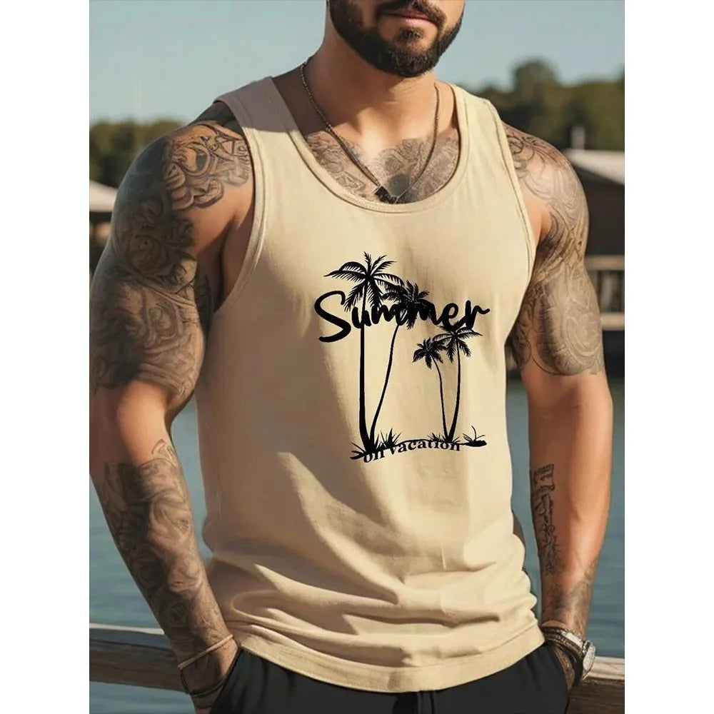 Men's Hawaiian Coconut Tree 3D Print Vest – Oversized Sleeveless Beach Streetwear