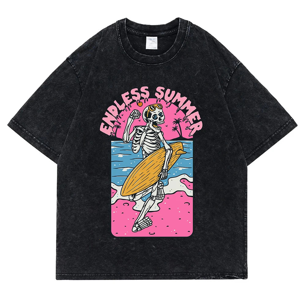 Endless Summer Skeleton Surfing T-Shirt | Washed Retro Graphic Tee | Unisex