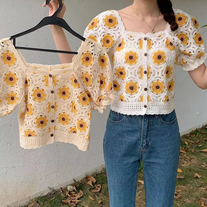 Women's Daisy Embroidered Crochet Crop Top – Puff Sleeve Square Neck Floral Blouse for Summer & Fairycore Aesthetic (One Size)