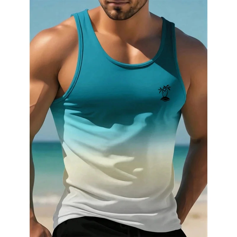 Men's Coconut Tree Print Tank Top | Colorful Gradient 3D Tee | Summer Casual Streetwear Vest