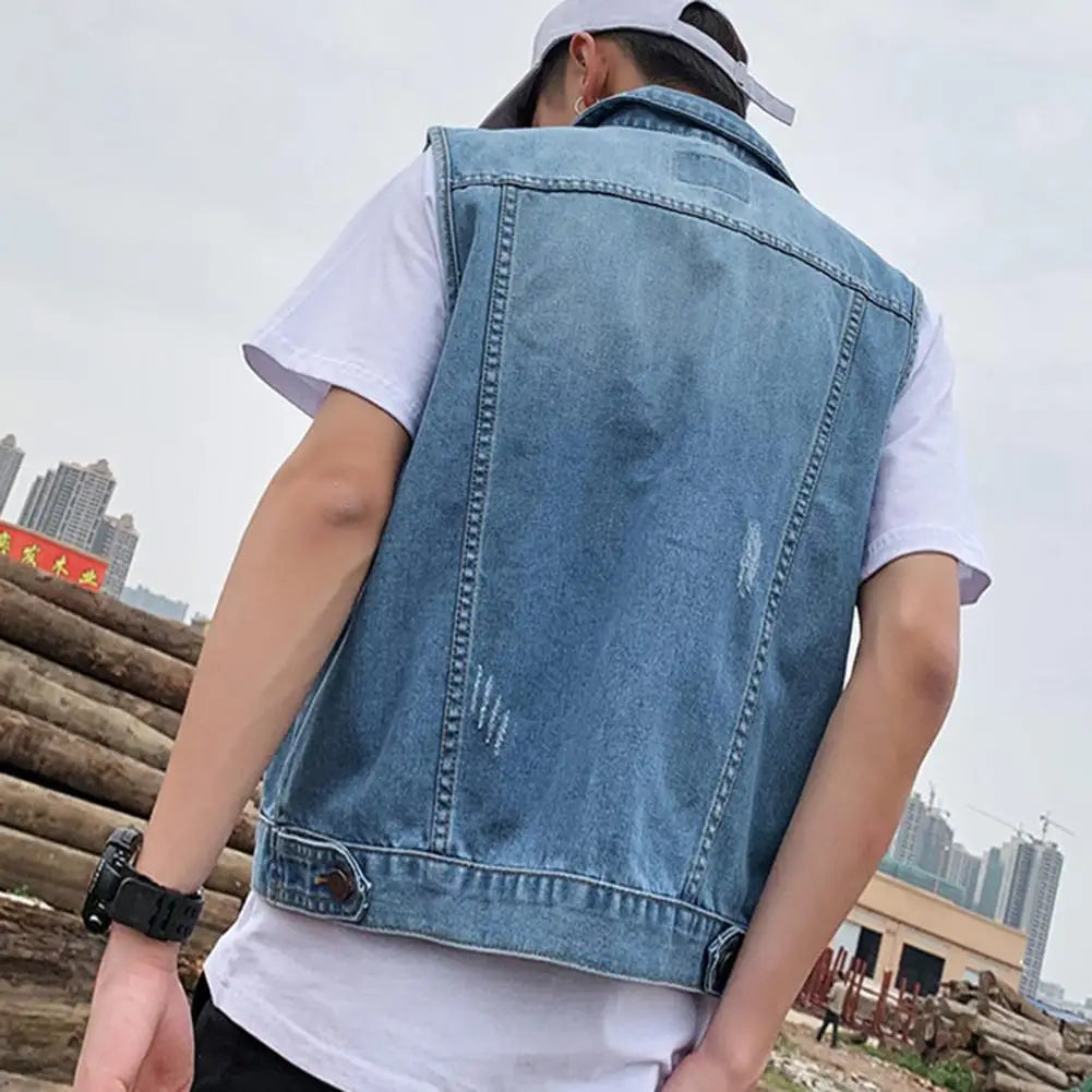 Men's Ripped Denim Vest – Sleeveless Waistcoat with Pockets & Lapel Collar