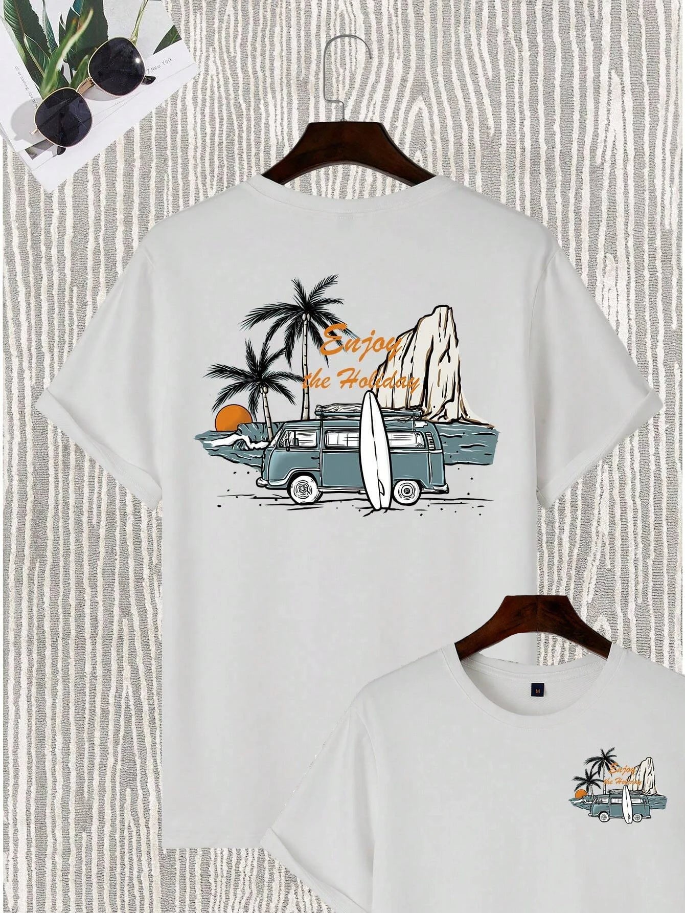 Men's Coconut Tree & Bus Print T-Shirt – 100% Cotton Breathable Beach Vacation Tee