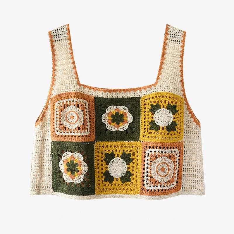 Women's Granny Square Crochet Crop Top – Floral Embroidery Open-Knit Cami for Summer