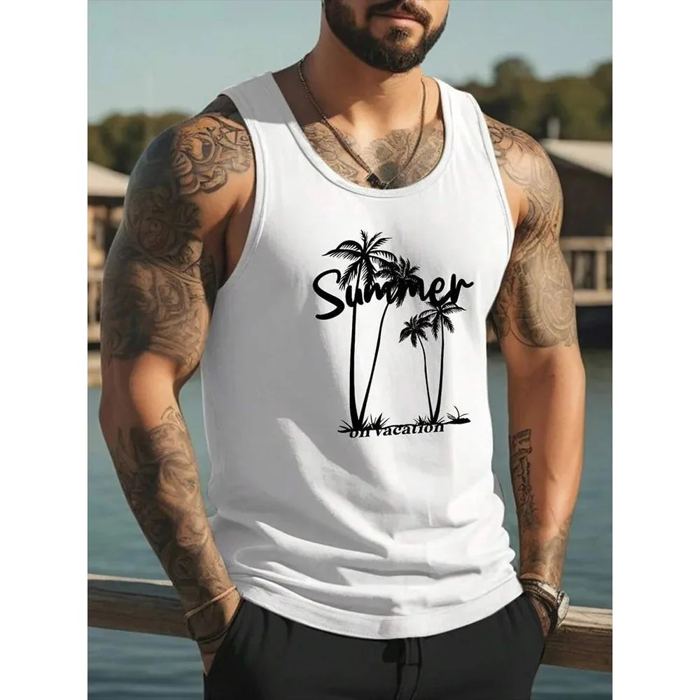 Men's Hawaiian Coconut Tree 3D Print Vest – Oversized Sleeveless Beach Streetwear