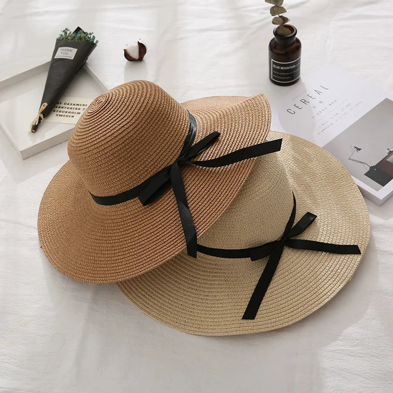 Women's Wide Brim Straw Beach Hat – Foldable Sun Hat with Bow