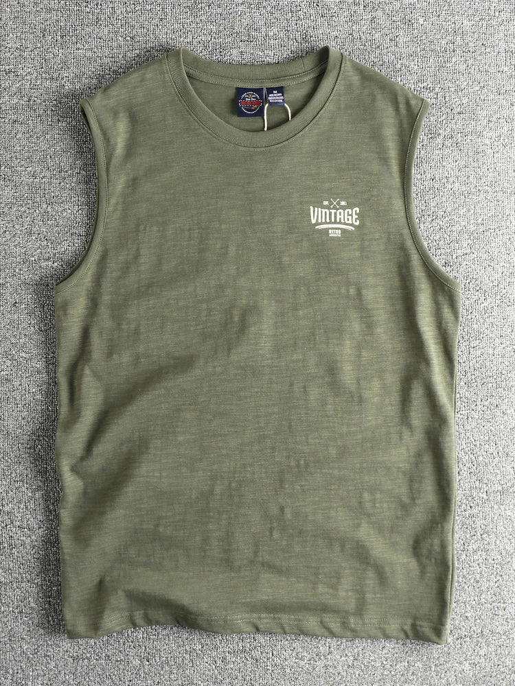 Men's Retro Letter Print Sleeveless Vest | 100% Slub Cotton Tank Top