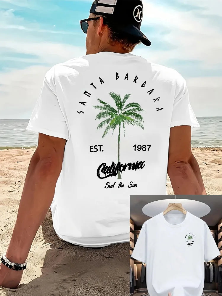 California Beach Coconut Print T-Shirt – Men's Loose Fit Cotton Tee