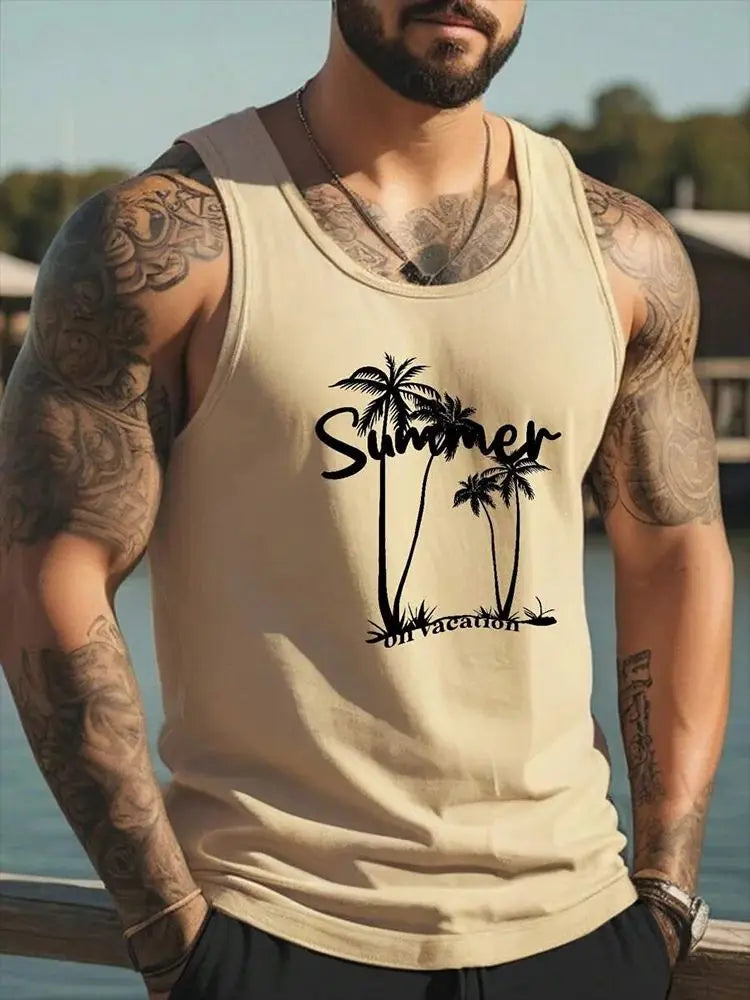 Men's Hawaiian Coconut Tree 3D Print Vest – Oversized Sleeveless Beach Streetwear