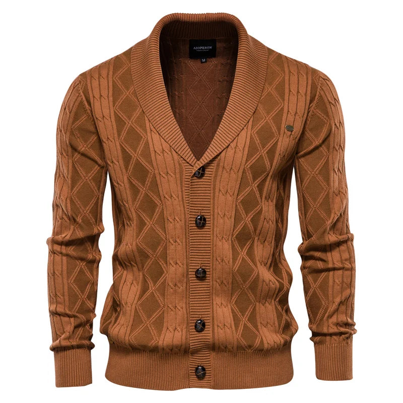 Men's Argyle Cotton Cardigan – Classic V-Neck Button-Up Sweater for Fall & Winter