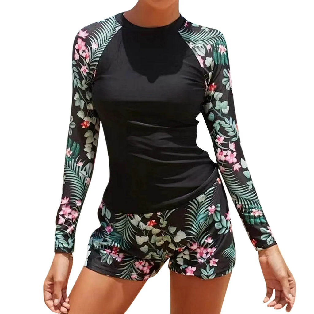 Women's Long Sleeve Two-Piece Surf Swimsuit | Floral Print Rash Guard Set