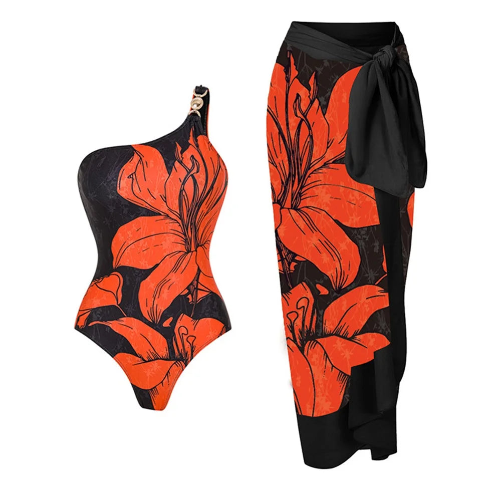 Women's One-Shoulder Swimsuit & Cover-Up Set – Sexy Floral Print Beachwear, Push-Up Bikini & Bodysuit (S-XL)