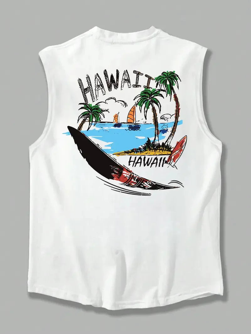 Men's Hawaiian Print Sleeveless Tank Top – Breathable Loose Fit Beach & Casual Vest