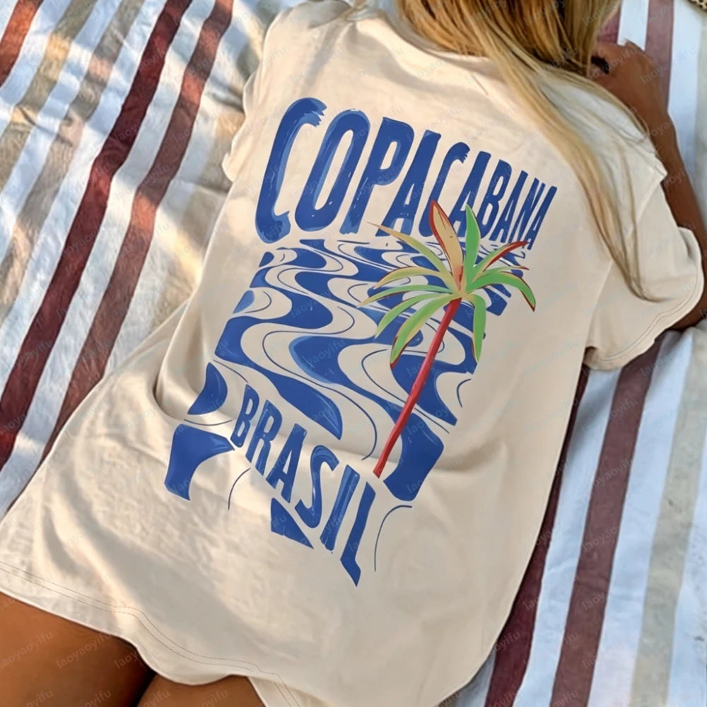 Women's Copacabana T-Shirt – Tropical Coconut Tree Graphic Beach Tee