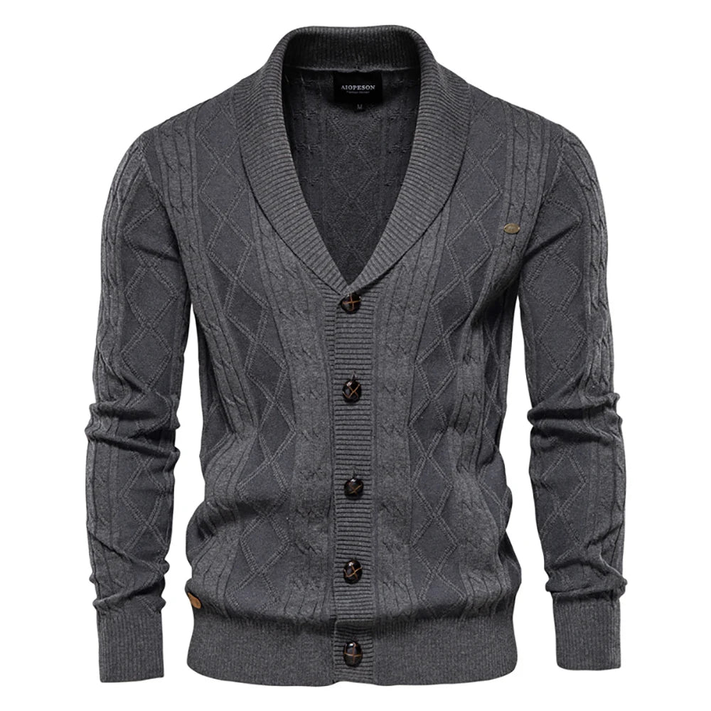 Men's Argyle Cotton Cardigan – Classic V-Neck Button-Up Sweater for Fall & Winter
