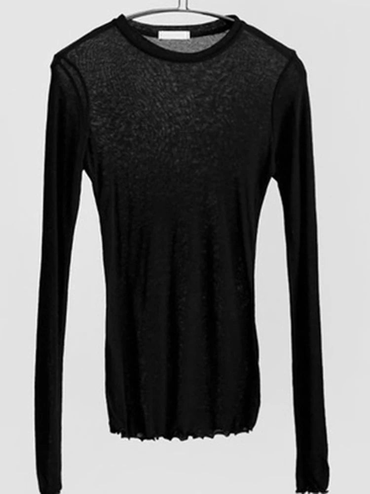 Women's Long Sleeve Sheer Basic T-Shirt | Stretchy Layering Top