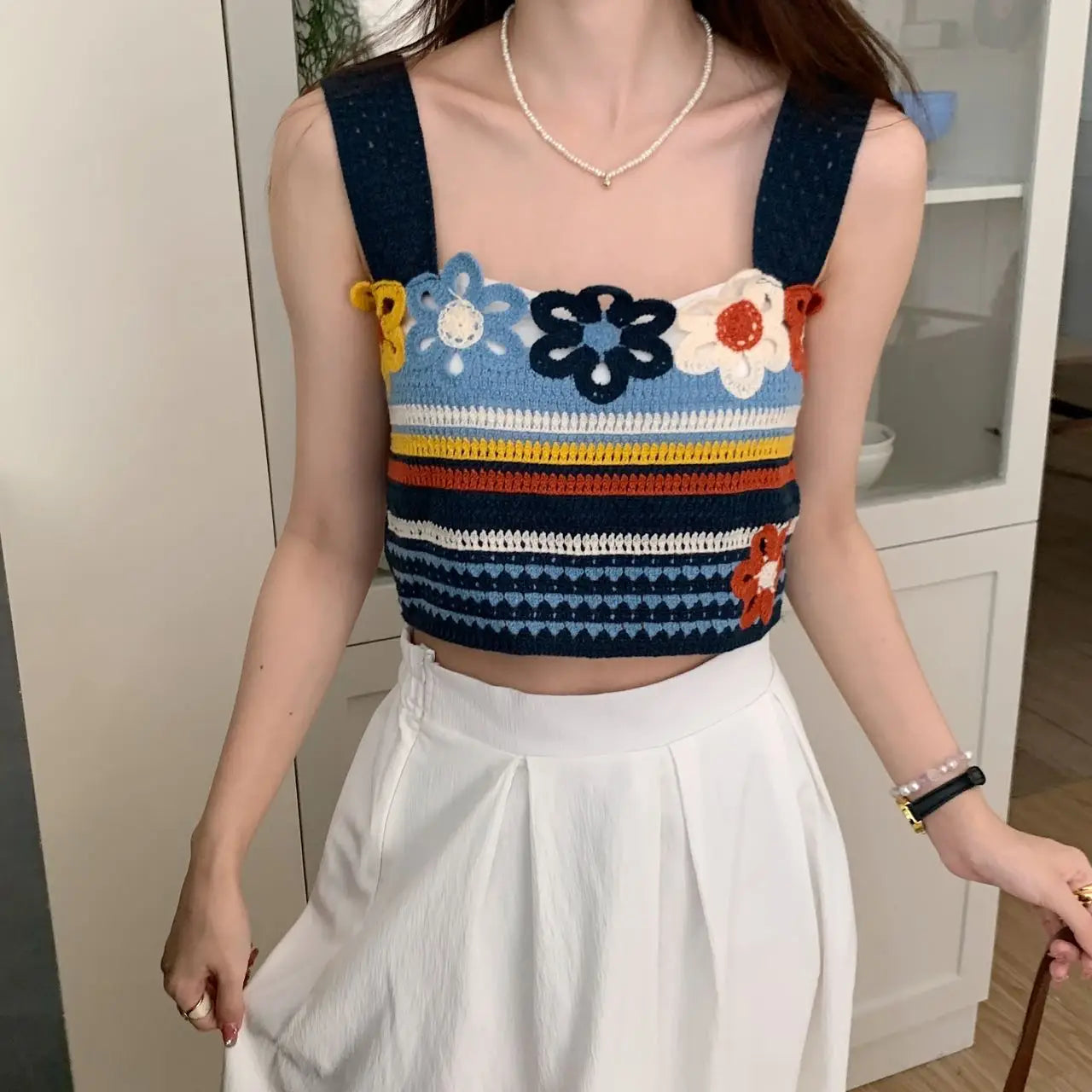 Women's Floral Crochet Crop Top – Hollow-Out Knit Cami | Fairycore Summer Top