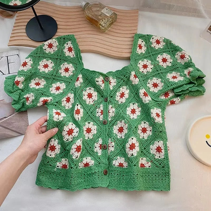 Women's Daisy Embroidered Crochet Crop Top – Puff Sleeve Square Neck Floral Blouse for Summer & Fairycore Aesthetic (One Size)