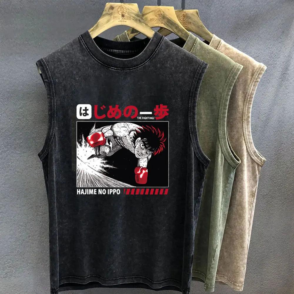 Anime Graphic Tank Top | Hajime No Ippo Vintage Wash Oversized Sleeveless Vest