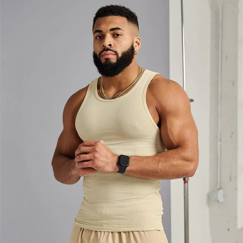 Men's Ribbed Muscle Tank Top – Slim Fit Ice Silk Vest for Gym & Beach