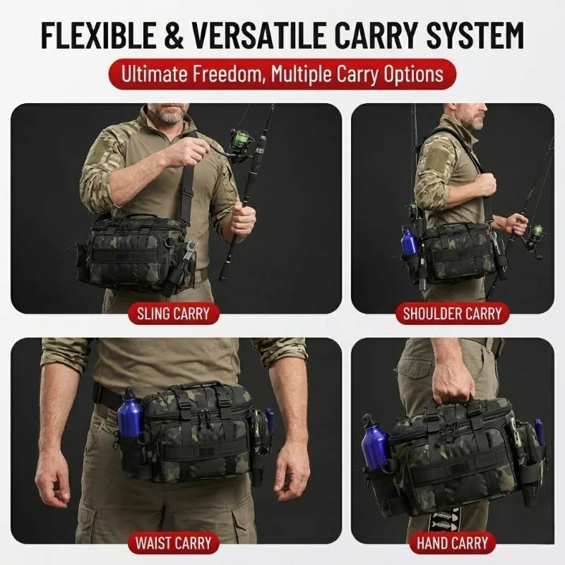 Waterproof Fishing Tackle Shoulder Bag – Large Capacity Crossbody with Rod Holder