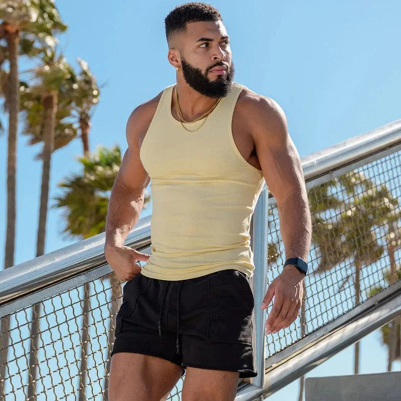 Men's Ribbed Muscle Tank Top – Slim Fit Ice Silk Vest for Gym & Beach