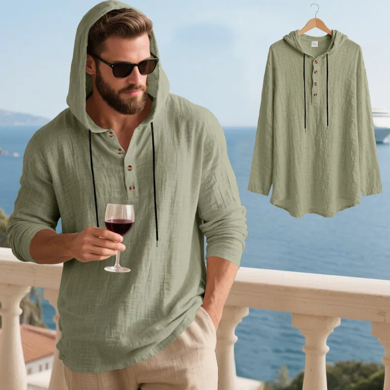 Men's Linen Blend Hooded Long Sleeve Shirt | Breathable Beach Casual Top