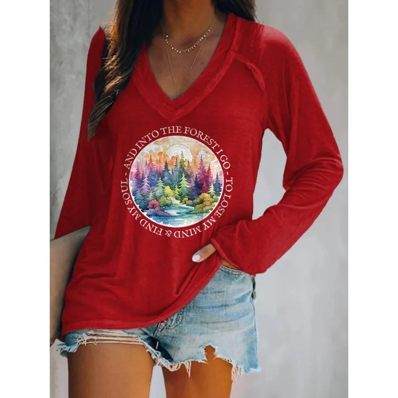 Women's Letter Print Long Sleeve V-Neck T-Shirt – Casual Loose Fit