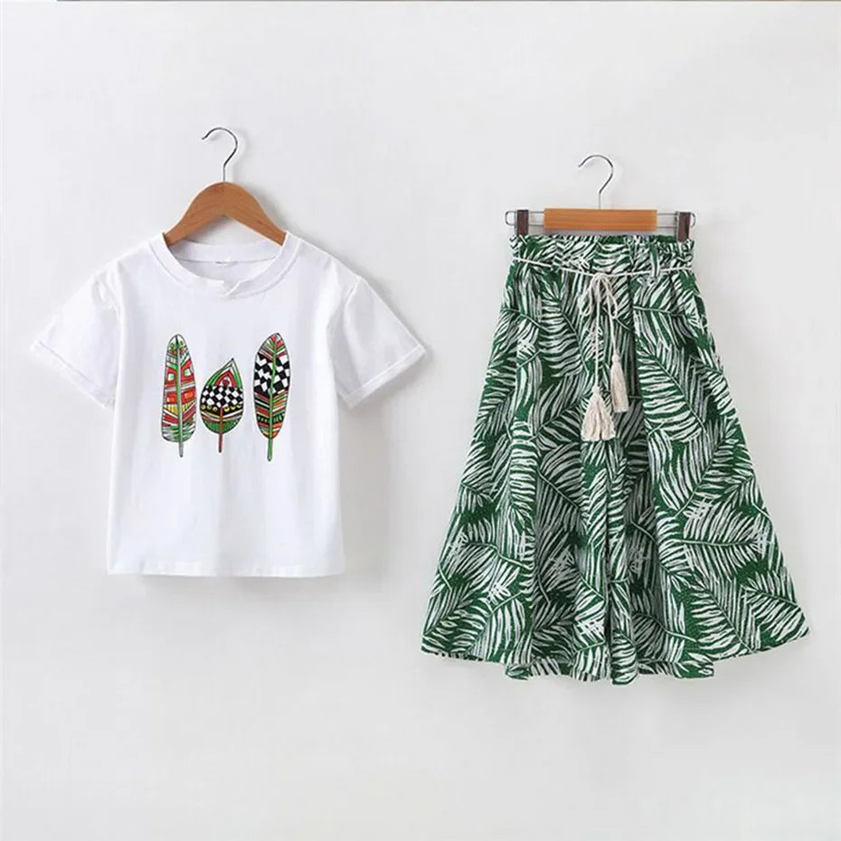 Girls Summer Clothing Set – Short Sleeve Top & Pants (Sizes 4T–13T)